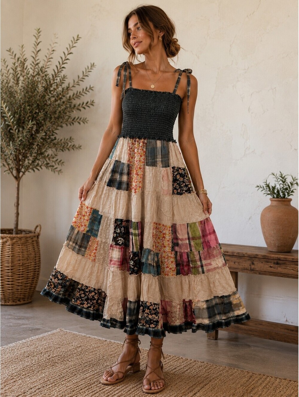 YOUNG THREADS Patchwork Smocked Maxi Dress Latte NWT Small - Picture 3 of 3